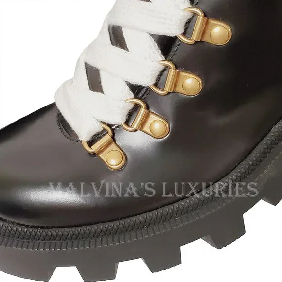 GUCCI BOOTS LACE-UP BLACK LEATHER ANKLE BOOTIE RUBBER LUG SOLE sz 37.5 / 7.5